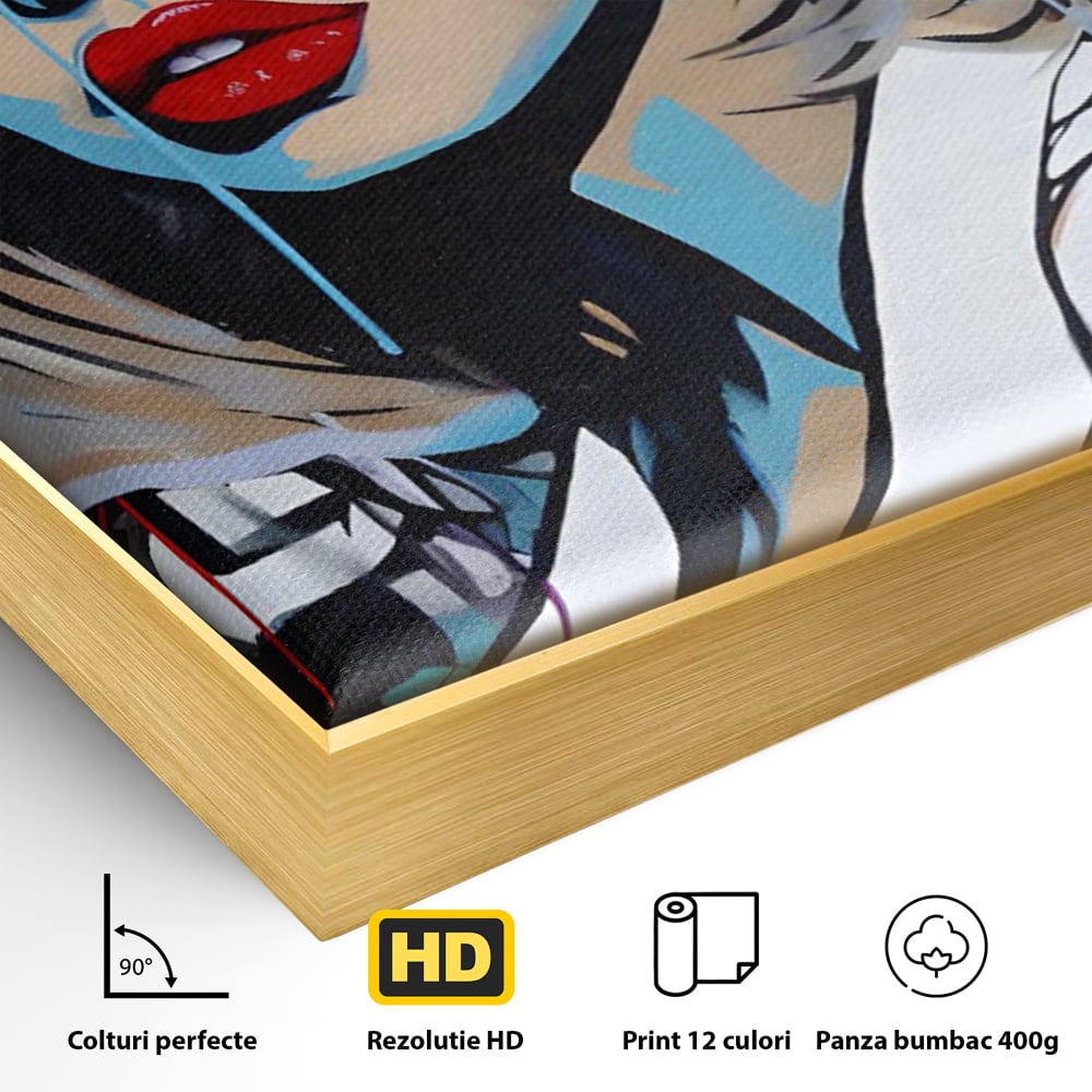 Detaliu al suprafetei: tablou canvas portret pop art femeie cu ochelari, in rama de aluminiu auriu